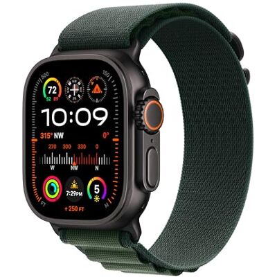 Apple Watch Ultra 2 GPS + Cellular 49 mm Smart sportklocka med robust svart titanboett och Alpine Loop i mörkgrön L. Träningsmätare, precisions-gps, extra lång batteritid, koldioxidneutral Apple Watch Ultra 2 GPS + Cellular 49 mm Smart sportklocka med robust svart titanboett och Alpine Loop i mörkgrön L. Träningsmätare, precisions-gps, extra lång batteritid, koldioxidneutral