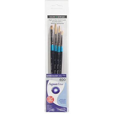 Daler Rowney Daler-Rowney Aquafine akvarell mjuk syntetisk hårborste plånbok set, 4 blandade penslar med kort handtag (runda, riggare och platt skuggare), perfekt för professionella och nybörjarkonstnärer och Daler Rowney Daler-Rowney Aquafine akvarell mjuk syntetisk hårborste plånbok set, 4 blandade penslar med kort handtag (runda, riggare och platt skuggare), perfekt för professionella och nybörjarkonstnärer och