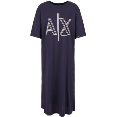 Giorgio Armani dam Sustainable, stort logotyptryck, rund hals casual klänning, blå, S, blåbär, S Giorgio Armani dam Sustainable, stort logotyptryck, rund hals casual klänning, blå, S, blåbär, S