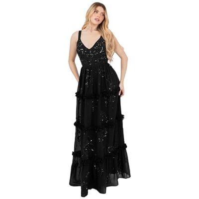 Maya Deluxe dam dam maxi dam ärmlös V-hals paljett Embellished blommig ruffle chiffong A-linje öppen rygg slips bal balklänning klänning, svart, 40 Maya Deluxe dam dam maxi dam ärmlös V-hals paljett Embellished blommig ruffle chiffong A-linje öppen rygg slips bal balklänning klänning, svart, 40