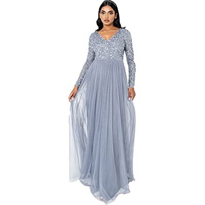 Maya Deluxe dam dam dam klänning ärm för bröllop gäst V-hals hög empire midja maxi lång längd kväll bridesmaid bal klänning, Dammblå, 40 Maya Deluxe dam dam dam klänning ärm för bröllop gäst V-hals hög empire midja maxi lång längd kväll bridesmaid bal klänning, Dammblå, 40