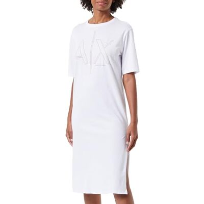 Giorgio Armani dam Sustainable, stort logotyptryck, rund hals casual klänning, vit, M, Optisk vit, M Giorgio Armani dam Sustainable, stort logotyptryck, rund hals casual klänning, vit, M, Optisk vit, M