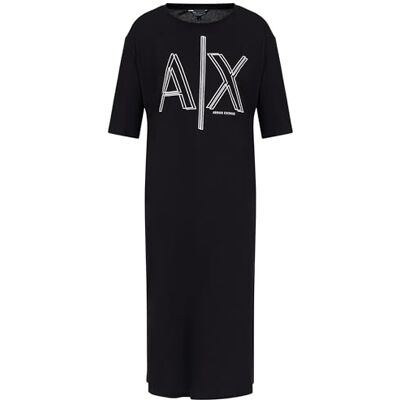 Giorgio Armani dam Sustainable, stort logotyptryck, rund hals casual klänning, svart, XS, svart, XS Giorgio Armani dam Sustainable, stort logotyptryck, rund hals casual klänning, svart, XS, svart, XS