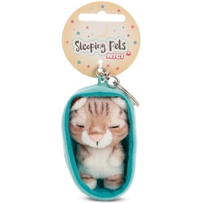 NICI Nyckelring ”Sleeping Pets”, katt, tigerrandig, 8 cm, i korg, brun, lojal följeslagare för ryggsäck eller väska, nyckelhållare för små och stora, 61608 NICI Nyckelring ”Sleeping Pets”, katt, tigerrandig, 8 cm, i korg, brun, lojal följeslagare för ryggsäck eller väska, nyckelhållare för små och stora, 61608