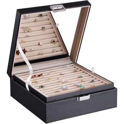 BEWISHOME Ringorganisatör och örhängesboxhållare – 11 ringfack, 25 örhängesfack, stor spegel, 2 lager smyckeskrin fack manschettknappar förvaring för flickor kvinnor män, svart fuskläder SSH21B BEWISHOME Ringorganisatör och örhängesboxhållare – 11 ringfack, 25 örhängesfack, stor spegel, 2 lager smyckeskrin fack manschettknappar förvaring för flickor kvinnor män, svart fuskläder SSH21B