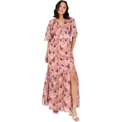 Lovedrobe Dam maxi klänning dam cape ärm v-ringad ruffle rosett slips bälte asymmetrisk söm blommig a-linje bröllop gäst tillfälle, rosa puder 42, Blush Pink, 40 Lovedrobe Dam maxi klänning dam cape ärm v-ringad ruffle rosett slips bälte asymmetrisk söm blommig a-linje bröllop gäst tillfälle, rosa puder 42, Blush Pink, 40