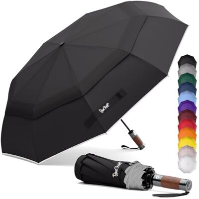 Royal Walk paraply fickparaply stormsäkert automatiskt upp och till vindtätt dubbelskydd litet stabilt paraply reflekterande med lyxigt äkta trähandtag för kvinnor och män paraply, svart, L, Modern Royal Walk paraply fickparaply stormsäkert automatiskt upp och till vindtätt dubbelskydd litet stabilt paraply reflekterande med lyxigt äkta trähandtag för kvinnor och män paraply, svart, L, Modern