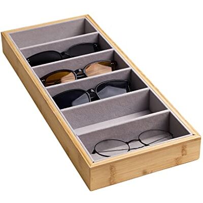 Lunavita Solglasögonförvaring, förvaringsbricka, 6 rutnät, glasögonfodral, glasögon, visningsbricka, fodral, stativhållare, smyckesbricka för män och kvinnor (bambu, sammet) Lunavita Solglasögonförvaring, förvaringsbricka, 6 rutnät, glasögonfodral, glasögon, visningsbricka, fodral, stativhållare, smyckesbricka för män och kvinnor (bambu, sammet)