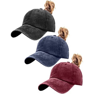 ZEXIAN 3-pack dam vintage tvättad sliten baseballmössa med hästsvanshål sport golfhatt, Svart+denim blå+vinröd, one size ZEXIAN 3-pack dam vintage tvättad sliten baseballmössa med hästsvanshål sport golfhatt, Svart+denim blå+vinröd, one size