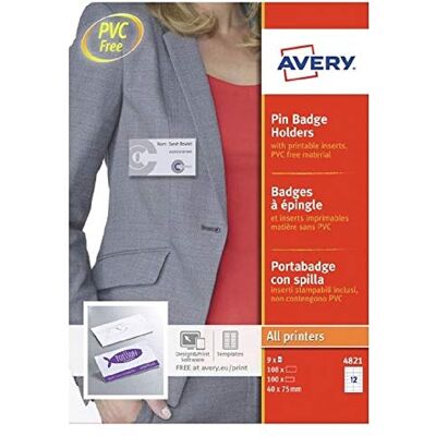 Avery 4821 Utskriftsbara namnmärken med plastfodral och stift (70 x 45 mm märken, paket med 100) – vit Avery 4821 Utskriftsbara namnmärken med plastfodral och stift (70 x 45 mm märken, paket med 100) – vit