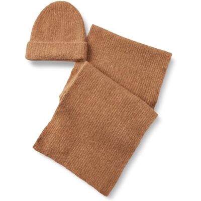 Amazon Essentials (Demi's Pick) unisex vuxnas fuskmohair halsduk och hatt set, kamel ljung, en storlek Amazon Essentials (Demi's Pick) unisex vuxnas fuskmohair halsduk och hatt set, kamel ljung, en storlek