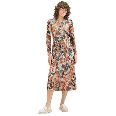 TOM TAILOR Nätklänning för kvinnor med mönster, 32367-grå orange slips färga blommig, 40 TOM TAILOR Nätklänning för kvinnor med mönster, 32367-grå orange slips färga blommig, 40