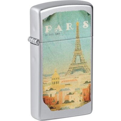 Zippo Stormtändare, smal satinkrom (Slim Satin Chrome), med färgbild av Paris, påfyllningsbar och återanvändbar, med vindskyddad design, presentförpackning, tillverkad i USA Zippo Stormtändare, smal satinkrom (Slim Satin Chrome), med färgbild av Paris, påfyllningsbar och återanvändbar, med vindskyddad design, presentförpackning, tillverkad i USA