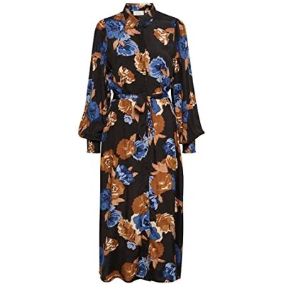 KAFFE damskjorta klänning Maxi slips midja tryckt lång ärm, Svart/brun/stor blomma, 34 KAFFE damskjorta klänning Maxi slips midja tryckt lång ärm, Svart/brun/stor blomma, 34