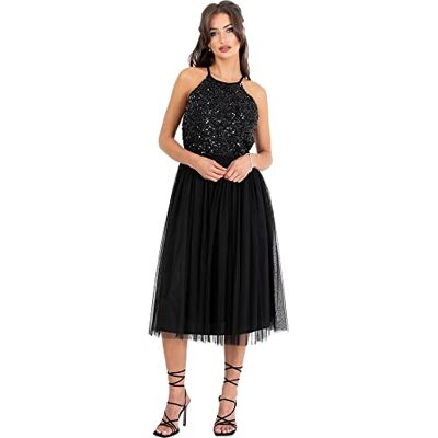 Maya Deluxe dam dam midi klänning med hållare nacke tyll för kväll examen bal bröllop bridesmaids boll klänning brudtärna klänning, svart, 50 SE Maya Deluxe dam dam midi klänning med hållare nacke tyll för kväll examen bal bröllop bridesmaids boll klänning brudtärna klänning, svart, 50 SE