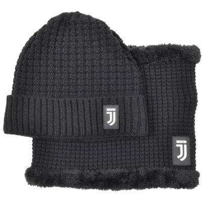JUVENTUS Vinterset, svart jacquard stickad mössa och halsduk med logotyp, officiella fotbollstillbehör JUVENTUS Vinterset, svart jacquard stickad mössa och halsduk med logotyp, officiella fotbollstillbehör