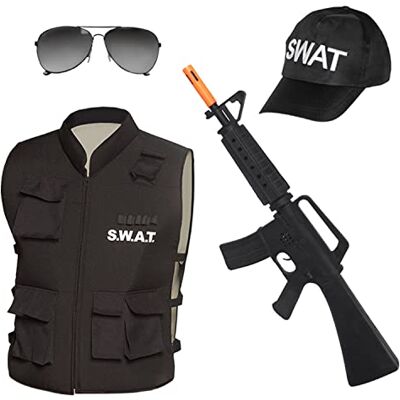 Boland – SWAT-set för vuxna, svart-vit, gevär-attrappe, väst, mössa och glasögon, vapen, jacka, basecap, solglasögon, kostym, karneval, temafest Boland – SWAT-set för vuxna, svart-vit, gevär-attrappe, väst, mössa och glasögon, vapen, jacka, basecap, solglasögon, kostym, karneval, temafest