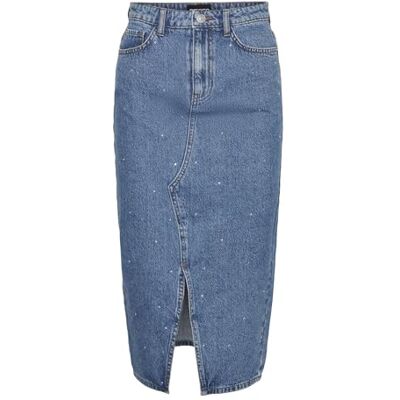 PIECES Damer Pcsky Hw Rhinestone Midikjol, Medium blå denim/detalj: strass, M PIECES Damer Pcsky Hw Rhinestone Midikjol, Medium blå denim/detalj: strass, M