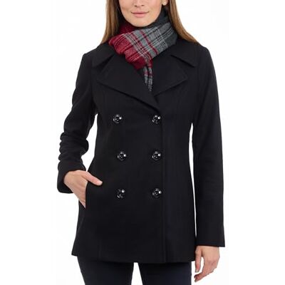 London Fog dam dubbelbröst pea coat med halsduk ärtrock, Svart, XL London Fog dam dubbelbröst pea coat med halsduk ärtrock, Svart, XL