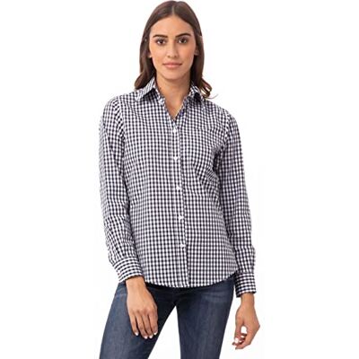 Chef Works Gingham-klänning damskjorta, marinblå och vit rutig Chef Works Gingham-klänning damskjorta, marinblå och vit rutig