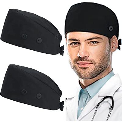ABAMERICA Bouffant kepsar med knapp och svettband, justerbara arbetsmössor för kvinnor och män, en storlek, 2-pack: svart och svart slips, one size ABAMERICA Bouffant kepsar med knapp och svettband, justerbara arbetsmössor för kvinnor och män, en storlek, 2-pack: svart och svart slips, one size