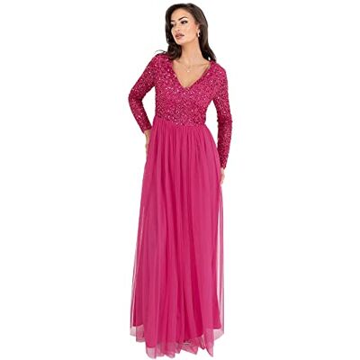 Maya Deluxe dam dam dam klänning ärm för bröllop gäst V-hals hög empire midja maxi lång längd kväll bridesmaid bal klänning, fuschia, 46 Maya Deluxe dam dam dam klänning ärm för bröllop gäst V-hals hög empire midja maxi lång längd kväll bridesmaid bal klänning, fuschia, 46