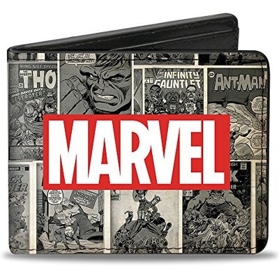 Buckle-Down herr Marvel logotyp/retro komiska scen block grå/röd/vit tvåvikt plånbok, standardstorlek Buckle-Down herr Marvel logotyp/retro komiska scen block grå/röd/vit tvåvikt plånbok, standardstorlek