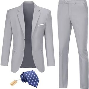 Datysum Män kostym 2-delad brudgummar smoking bal blazer smal passform passar två knappar bröllopsklänning jacka byxor set med slips, Ljusgrå, L Datysum Män kostym 2-delad brudgummar smoking bal blazer smal passform passar två knappar bröllopsklänning jacka byxor set med slips, Ljusgrå, L