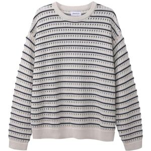Diana Studio , Stickad rund hals herr, 100% bomull, långärmad, boxy fit, Ecru/Grå/Violet, XL Diana Studio , Stickad rund hals herr, 100% bomull, långärmad, boxy fit, Ecru/Grå/Violet, XL