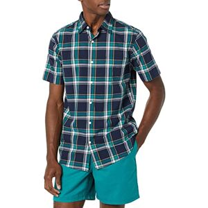 Amazon Essentials mäns Slim-Fit kortärmad poplin-skjorta, marinblå grön pläd, Large Amazon Essentials mäns Slim-Fit kortärmad poplin-skjorta, marinblå grön pläd, Large
