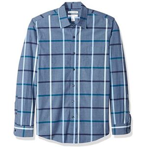 Amazon Essentials mäns Slim-Fit långärmad poplin-skjorta, denim stor pläd, Small Amazon Essentials mäns Slim-Fit långärmad poplin-skjorta, denim stor pläd, Small