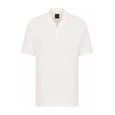 Giorgio Armani Ax Stacked Logo Cotton Piquet Zip Up Polo Shirt, Vit, XL Giorgio Armani Ax Stacked Logo Cotton Piquet Zip Up Polo Shirt, Vit, XL