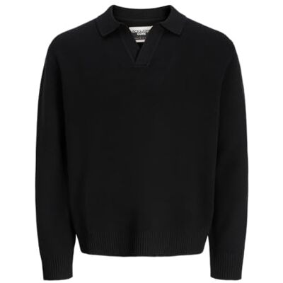 JACK & JONES Jcocover Knit split neck polo, svart, S JACK & JONES Jcocover Knit split neck polo, svart, S