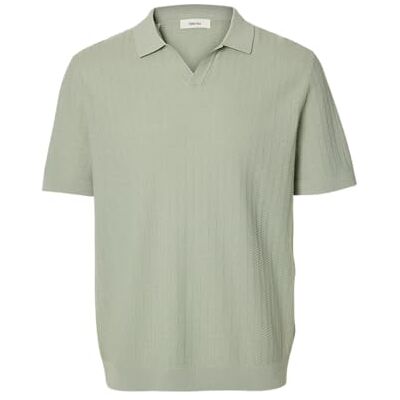 SELECTED MEN Slhmattis Ss Linen Blend Struc Open Polo, Aqua Gray, L SELECTED MEN Slhmattis Ss Linen Blend Struc Open Polo, Aqua Gray, L