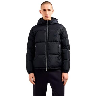 Giorgio Armani Icon Project, logotyp präglad lapp, glänsande nylon dunväst, djup marin, M Giorgio Armani Icon Project, logotyp präglad lapp, glänsande nylon dunväst, djup marin, M