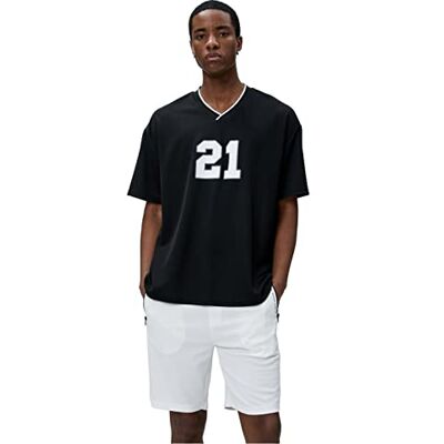 Koton Herr överdimensionerad varisity tryckt V-hals kortärmad T-shirt, Svart (999), M Koton Herr överdimensionerad varisity tryckt V-hals kortärmad T-shirt, Svart (999), M