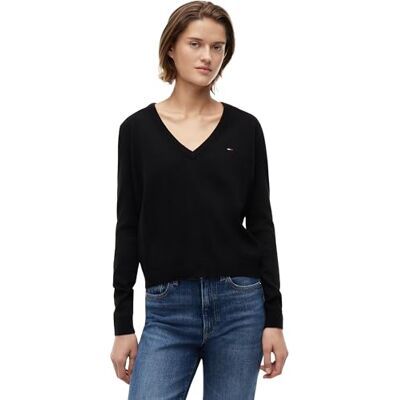 Tommy Jeans TJW Essential Vneck tröja EXT DW0DW1988 pullover tröja, svart (svart), XS, svart (svart), XS Tommy Jeans TJW Essential Vneck tröja EXT DW0DW1988 pullover tröja, svart (svart), XS, svart (svart), XS