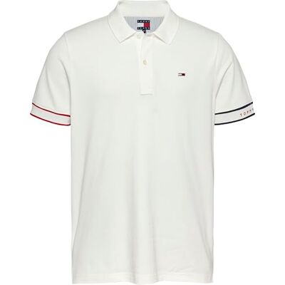 Tommy Jeans Män TJM SLIM FLAG CUFF POLO EXT S/S Polo, Vit, XS, Vit (Ecru), XS Tommy Jeans Män TJM SLIM FLAG CUFF POLO EXT S/S Polo, Vit, XS, Vit (Ecru), XS