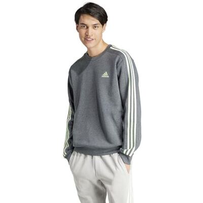 adidas För Män Essentials Fleece 3-Stripes Sweatshirt, dark grey heather/semi green spark, S adidas För Män Essentials Fleece 3-Stripes Sweatshirt, dark grey heather/semi green spark, S