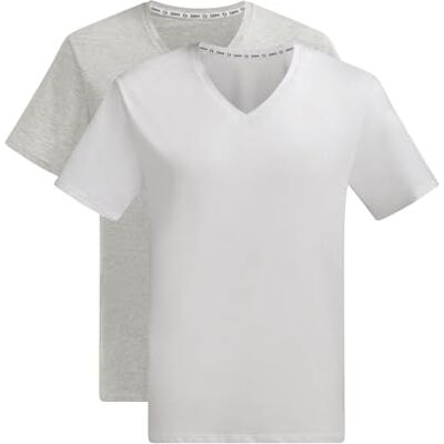 Dim T-shirt för herr med V-ringning god ekologisk bomull x2, vit/pärlgrå, M Dim T-shirt för herr med V-ringning god ekologisk bomull x2, vit/pärlgrå, M