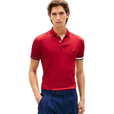 Tommy Hilfiger herr RWB manschett flytande bomull smal polo MW0MW42743, röd, S Tommy Hilfiger herr RWB manschett flytande bomull smal polo MW0MW42743, röd, S