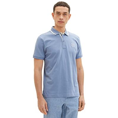 TOM TAILOR Pikétröja för män med logotyptryck, 12364 – Greyish Mid Blue, S TOM TAILOR Pikétröja för män med logotyptryck, 12364 – Greyish Mid Blue, S