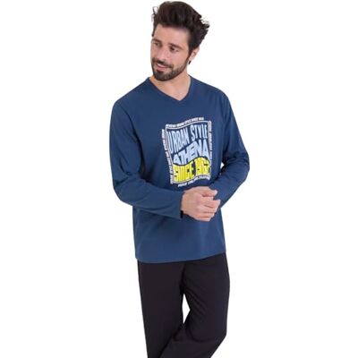 Athena Lång pyjamas för män, Ecopack 100% andningsbar bomull jersey långärmad T-shirt + byxor Oeko-TEX® etikett standard 100, Marinblå/svart, L Athena Lång pyjamas för män, Ecopack 100% andningsbar bomull jersey långärmad T-shirt + byxor Oeko-TEX® etikett standard 100, Marinblå/svart, L