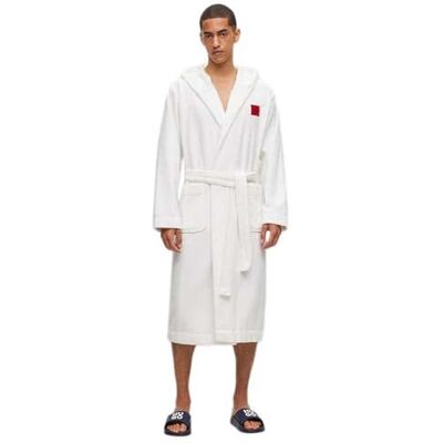 HUGO Terry Gown Morgonrock med huva av bomull Terry med röd logotyp etikett, vit100, S HUGO Terry Gown Morgonrock med huva av bomull Terry med röd logotyp etikett, vit100, S