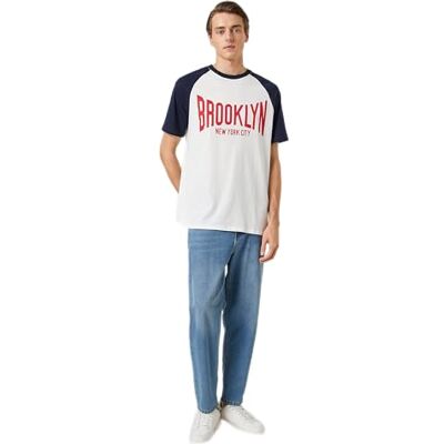 Koton Män College T-shirt Raglan Sleeve Tryckt Crew Neck, Off White (001), M Koton Män College T-shirt Raglan Sleeve Tryckt Crew Neck, Off White (001), M