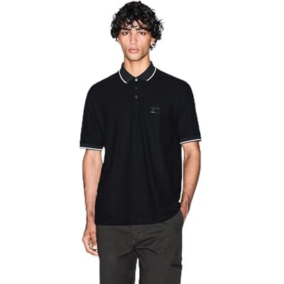 Giorgio Armani Kortärmad sidologotyp för män med tre knappar krage pikétröja, svart, XL Giorgio Armani Kortärmad sidologotyp för män med tre knappar krage pikétröja, svart, XL
