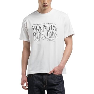 Replay T-shirt för män, normal passform, bomull, 011 Naturligt vitt, S Replay T-shirt för män, normal passform, bomull, 011 Naturligt vitt, S