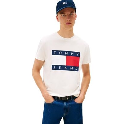 Tommy Jeans Big Flag-Logo Logo Bomull Kortärmad T-shirt Herr Gammal Vit, M Tommy Jeans Big Flag-Logo Logo Bomull Kortärmad T-shirt Herr Gammal Vit, M