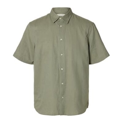 SELECTED MEN Slhregclay linenblend Ss Shirt Cla Noos, Vetiver, S SELECTED MEN Slhregclay linenblend Ss Shirt Cla Noos, Vetiver, S
