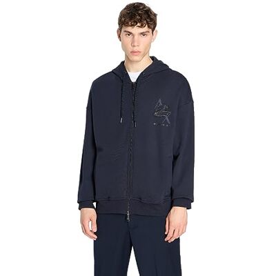 Giorgio Armani Herr bomull fleece tonal örn logotyp full dragkedja huvtröja med huva, marinblå, S Giorgio Armani Herr bomull fleece tonal örn logotyp full dragkedja huvtröja med huva, marinblå, S